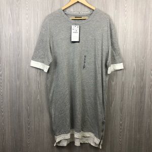 Zara Grey White Zipper Hem Mock Longline Shirt XL